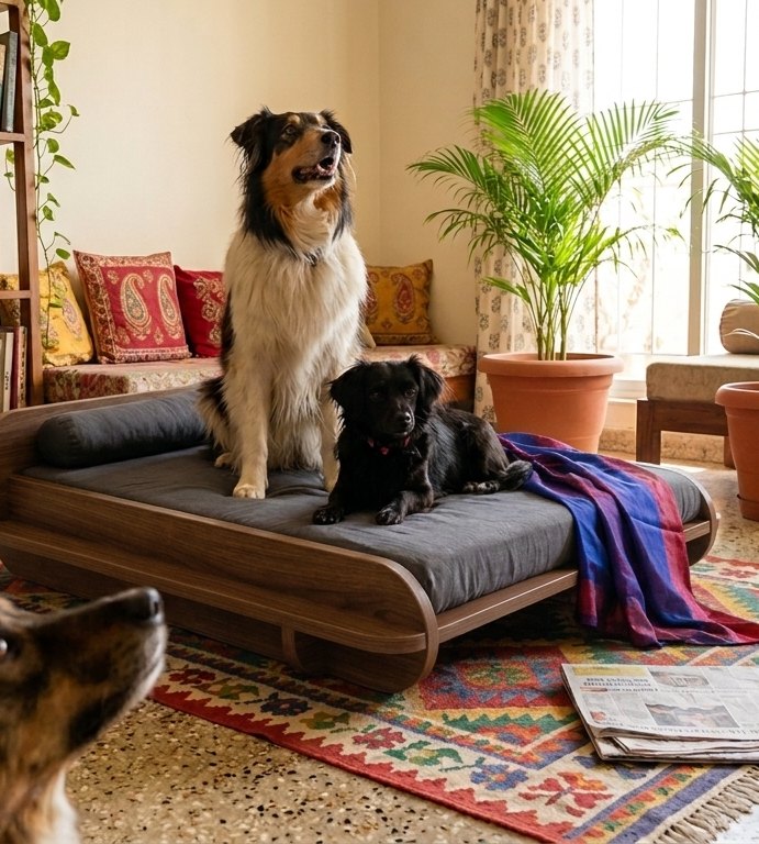 Two dogs resting on a Petsy platform bed in a bright living room