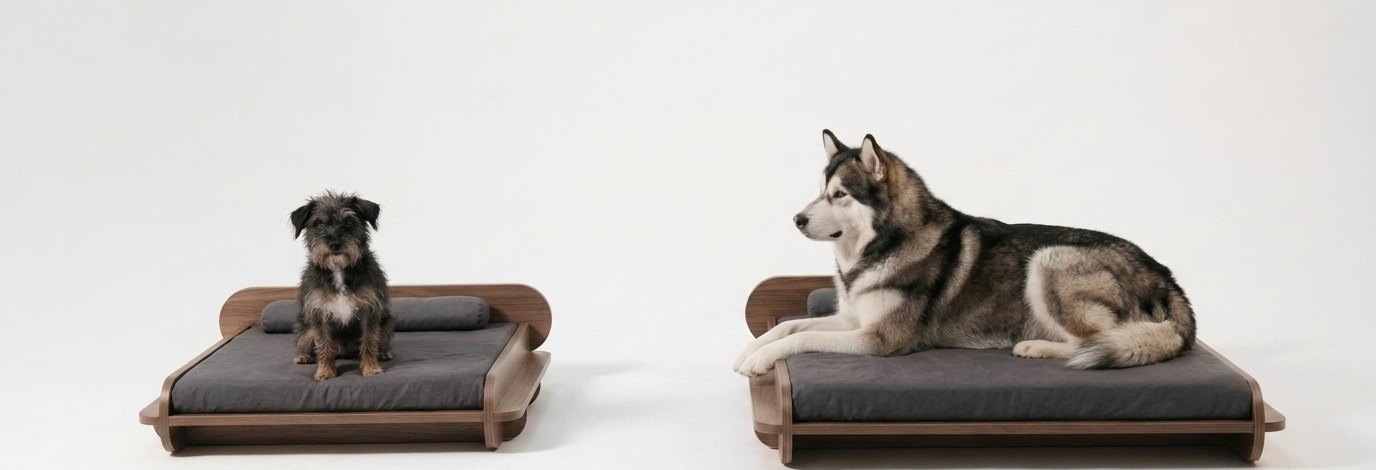 A small dog on the small Petsy bed next to a husky on the large bed